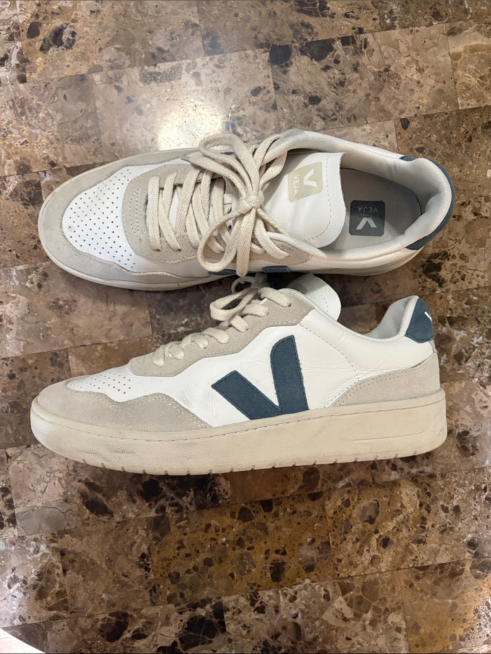 Veja Men’s V-10 Sneakers in White and Navy Blue